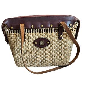 Vintage Borelli Straw Woven Leather Handbag Tote Bag Zipper Pocket Lines